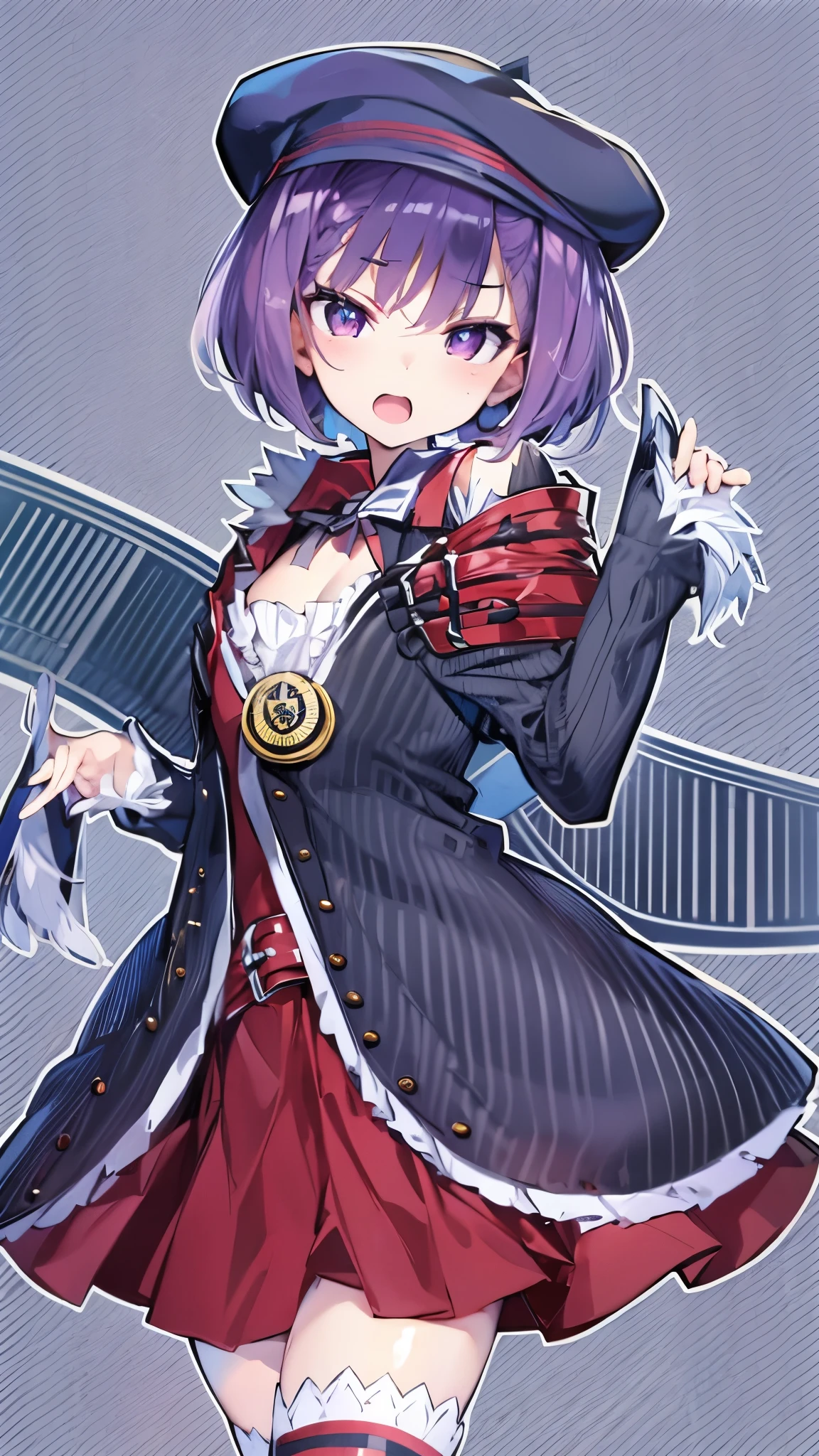 NSFW,Helena Blavatsky\(Fate/grandorder\)、Purple Hair、short hair、（Purple eyes：1.1）、Shoulder Bare、belt、beret、ribbon、- Detachable collar、Removable sleeves、hat、leotard、紫色のhat、紫色のleotard、赤いbelt、白いribbon、White sleeves、