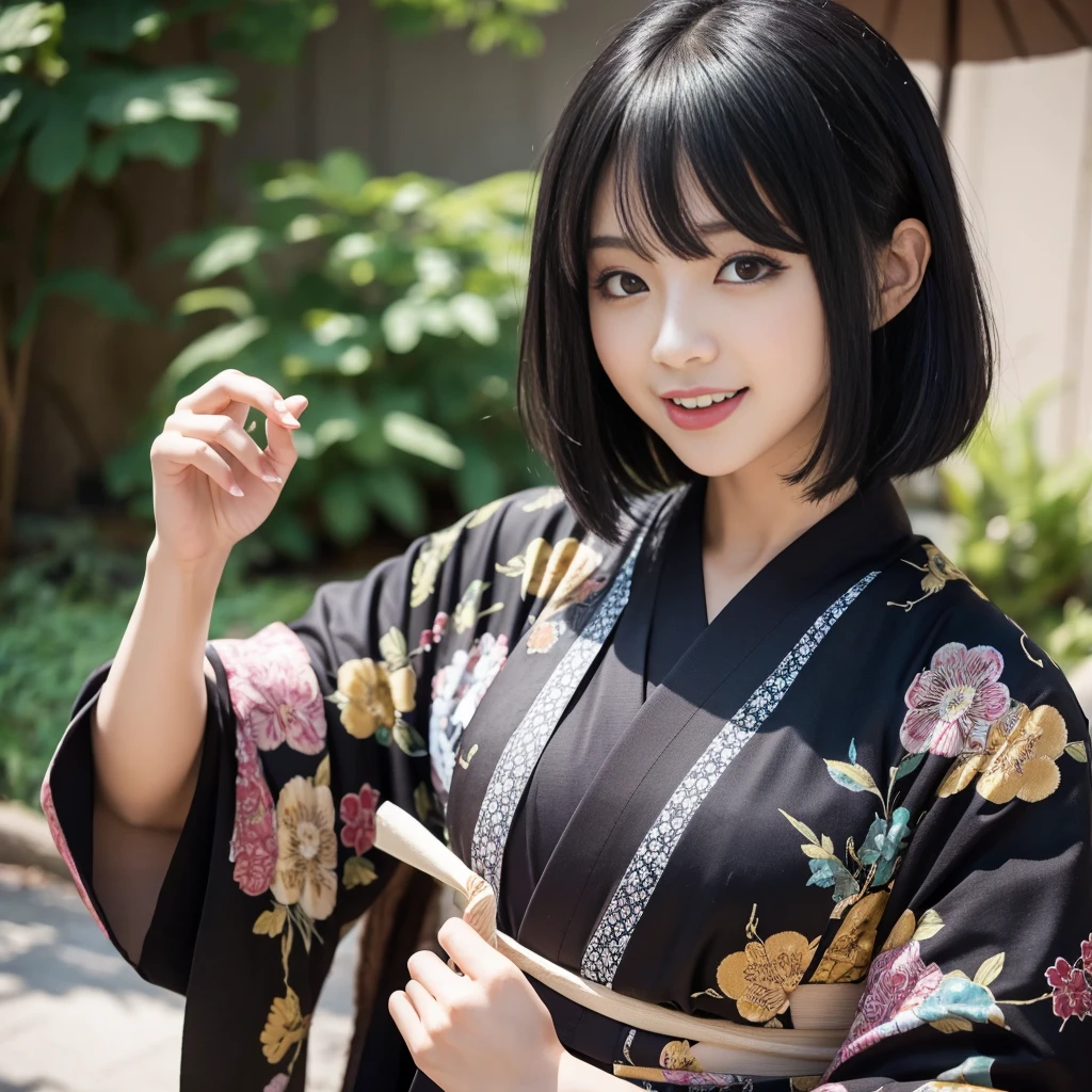 Black hair, bob hair, kimono, long tongue