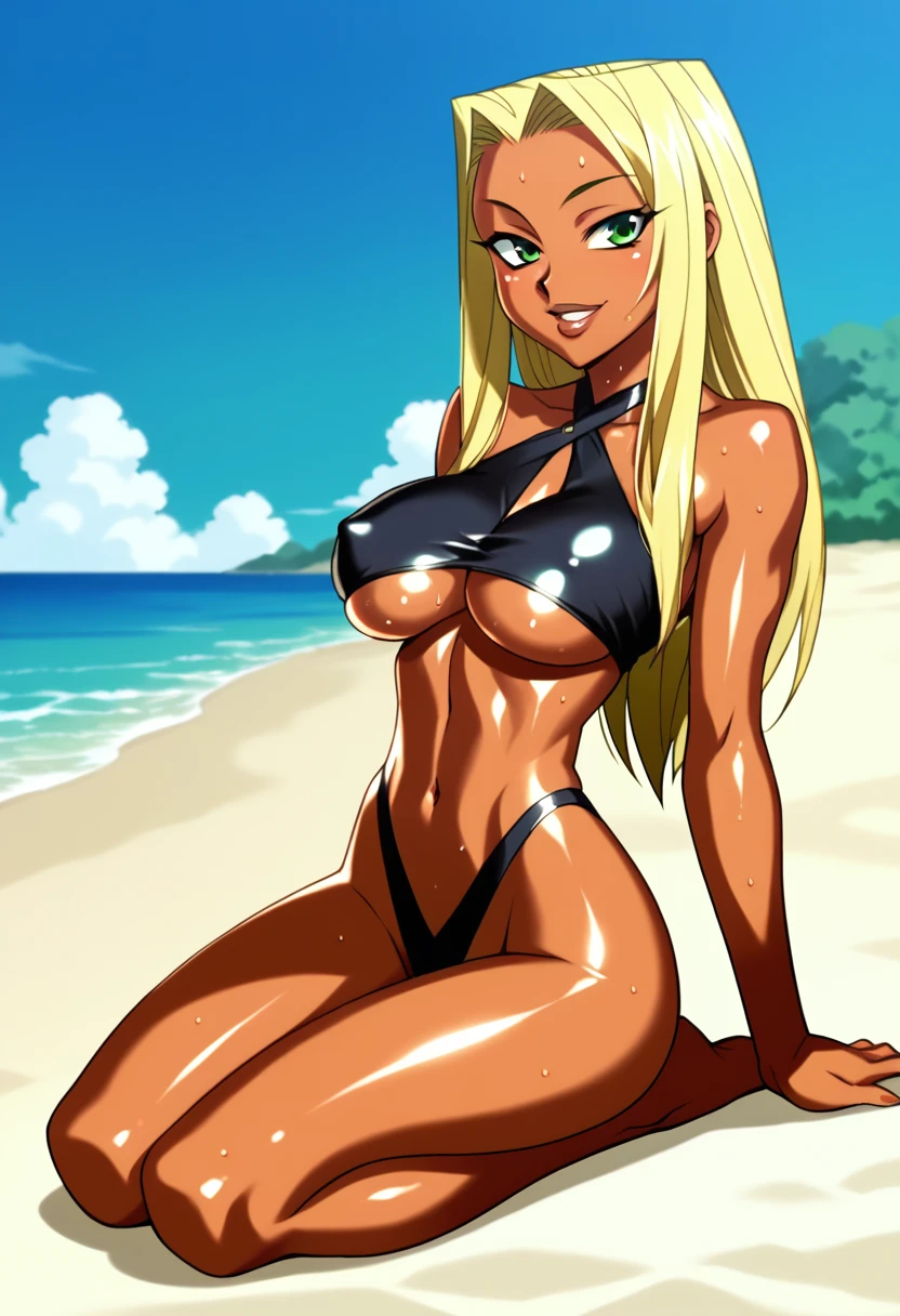 score_9, score_8_up, score_7_up, score_6_up, score_5_up, score_4_up, source_anime, 2000s anime atyle, anime screencap, masterpiece, high quality, highres, high resolution, best quality, expressive eyes, perfect face, Dakota_\(Total_Drama\), 1girl, solo, long hair, blonde hair, green eyes, dark-skinned female, leather swimsuit, criss-cross halter, underboob, navel, highleg bikini bottom, shiny skin, sweat, arched back, sitting, on knees, on floor, smile, parted lips, pinup pose, sexy, beach, island, outdoors, day