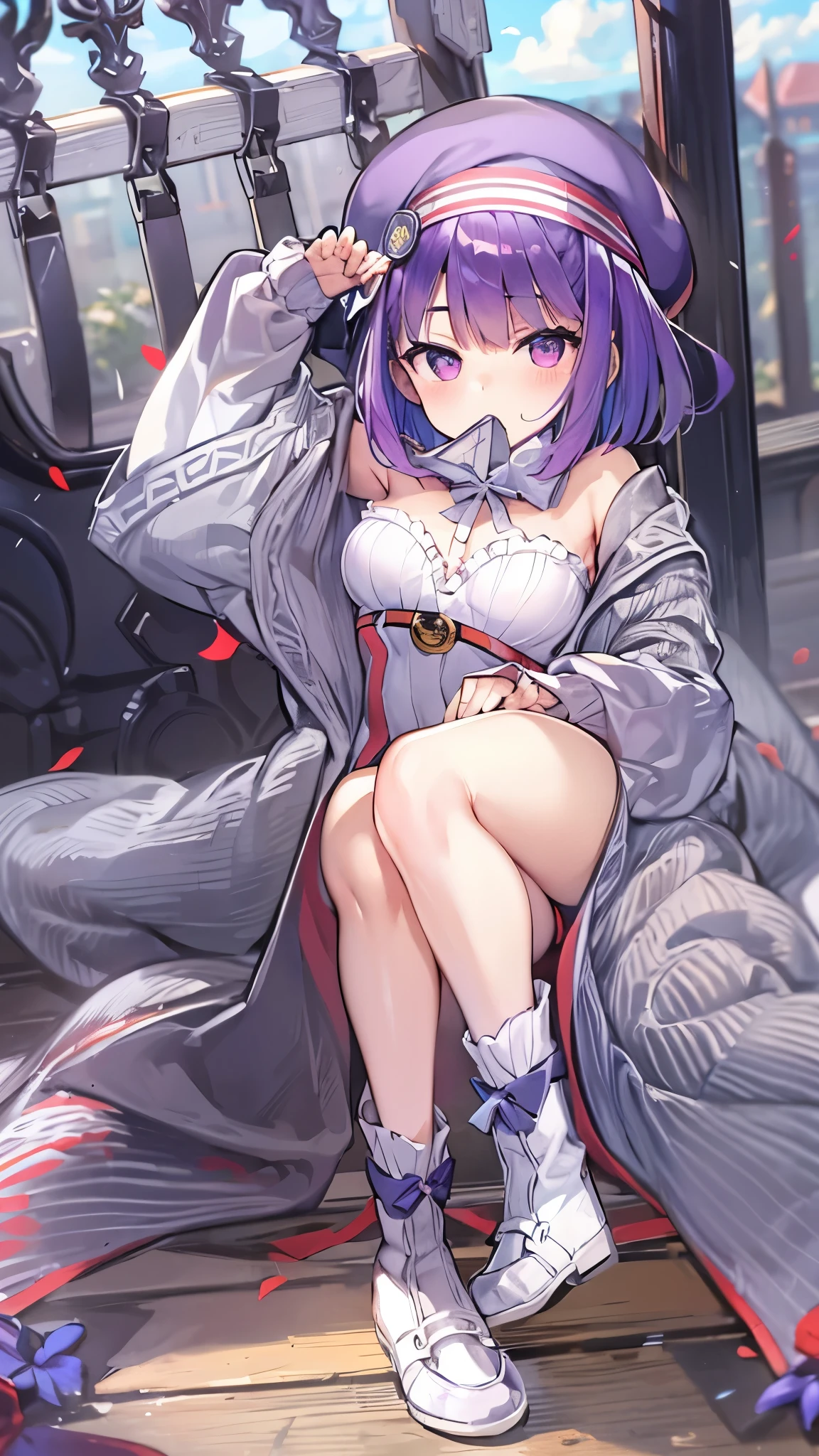 NSFW,Helena Blavatsky\(Fate/grandorder\)、Purple Hair、short hair、（Purple eyes：1.1）、Shoulder Bare、belt、beret、ribbon、- Detachable collar、Removable sleeves、hat、leotard、紫色のhat、紫色のleotard、赤いbelt、白いribbon、White sleeves、