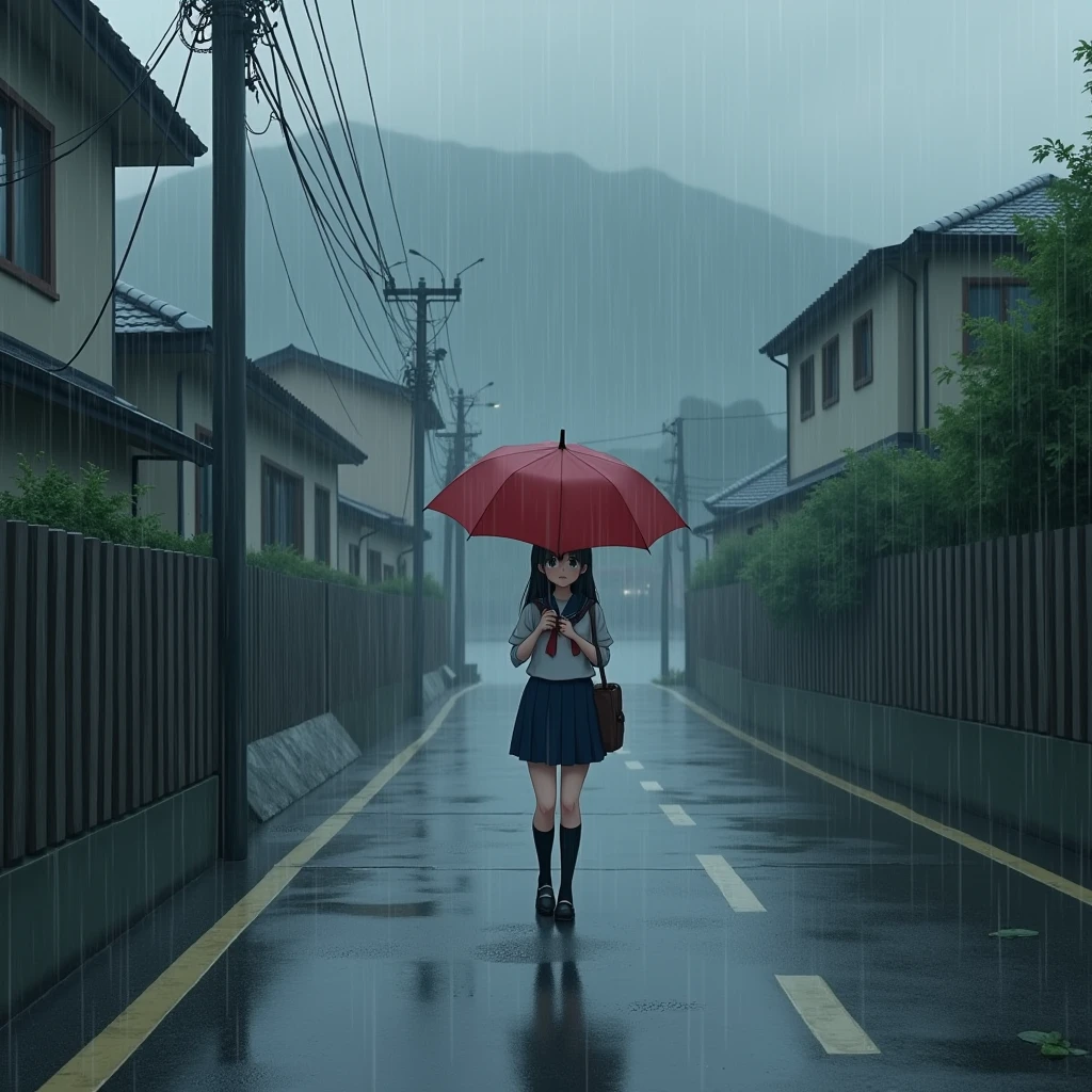 Anime Style, A girl walking down a hill, Walking along the side of the road, Holding an umbrella, Confused expression, Very heavy rain, Wet with rain.
Steep Slope, Slope 20 degrees, steep hill, very sloped road, very sloping ground.
The girl is wearing a white sailor suit with short sleeves and a navy collar, with a blue ribbon., Wearing a navy blue skirt,
Wearing black high socks, Wearing loafers.
Her hair style is low twin tails, with red ribbons, very long length and black.
Not high twin tails.
Not two-side up.
Dark brown school bag,
Late teens, Small breasts, Has dark brown eyes.
A lot of water droplets on the umbrella. Water falls from umbrellas. Open red umbrella.
water, raindrops,
waterたまり, Sidewalk, pavement, Japan roads, Hilly Town, building, Apartment, Electric pole, electric wire, Street lamp, City view, Mountain, sky,
Thick Fog, Outdoor, evening, from front.