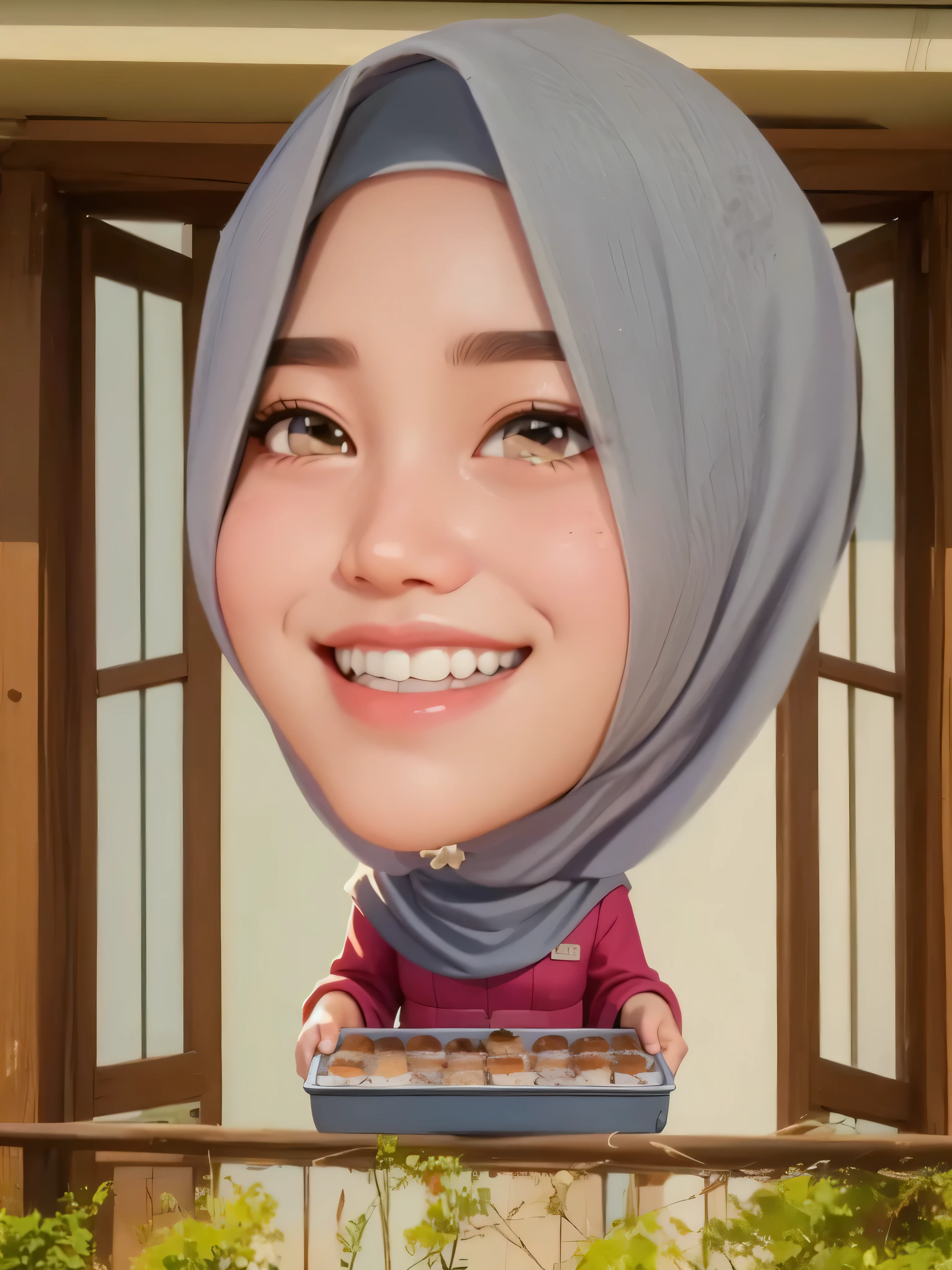 a close up of a hijab woman, Carrying a baking tray containing a cake that was still warm A little smoke came out,  full protrait, realism artstyle, inspired by Nil Gleyen, nft portrait, fanart, portait photo profile picture, kawaii realistic portrait, in cartoon style, inspired by JoWOnder, protrait, high quality portrait, sakimi, inspired by Kim Jeong-hui
