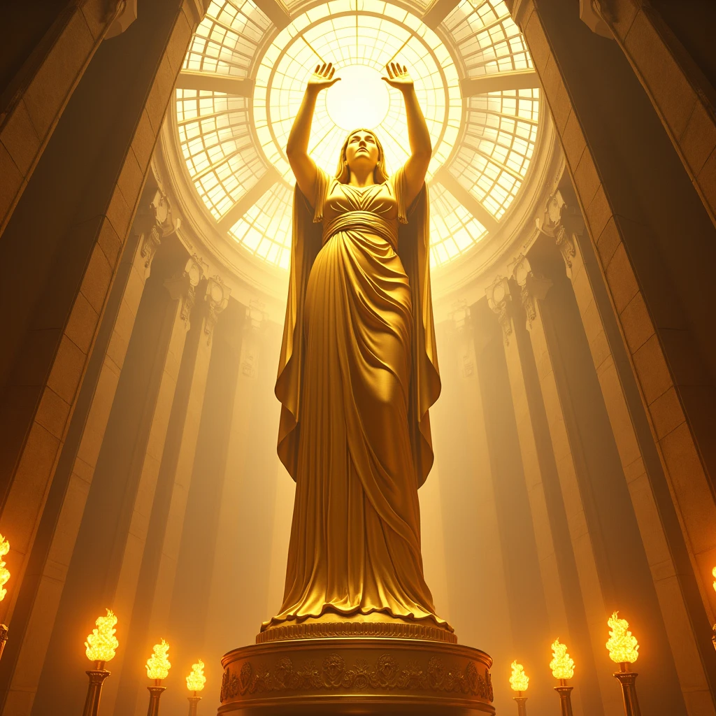 (masterpiece), (extremely intricate:1.3), (realist) A statue of more than five stories high looming over me made of solid gold in the shape of a woman, He has his hands over his head holding a tribute to the sun, since the dome that covers it is made of glass and four torches surround it, sharp focus, dramatic, awarded, cinematic lighting, octane render unreal engine, volumetric dtx
