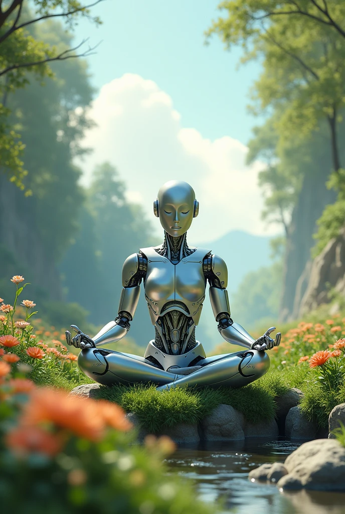 Create a robot meditating in nature