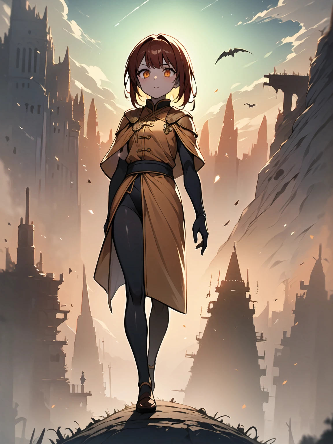 (((masterpiece, best quality, 8k))), fierce female leader, (full-body), golden dragon ceremonial armor, radiant glow, long flowing crimson hair, strands caught in the wind, fiery orange eyes, a look of absolute authority, leading an army through a volcanic wasteland, lava flows around her, dragons soaring through ash-filled skies, (intense lighting, dramatic backlight)