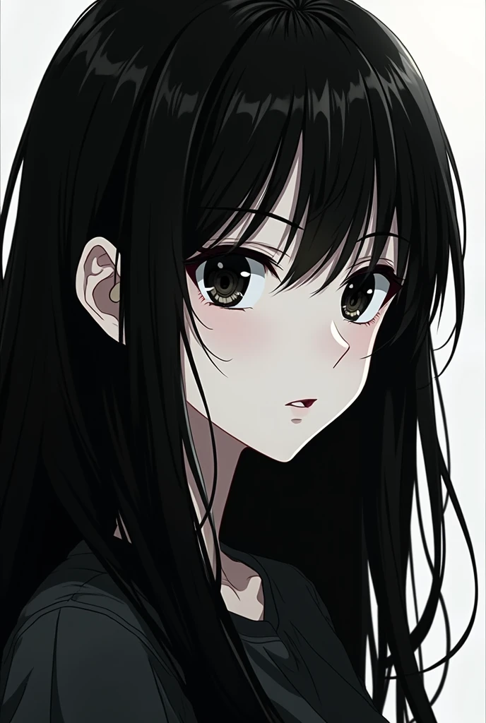 black hair girl, black eyes anime style 2d to black and white