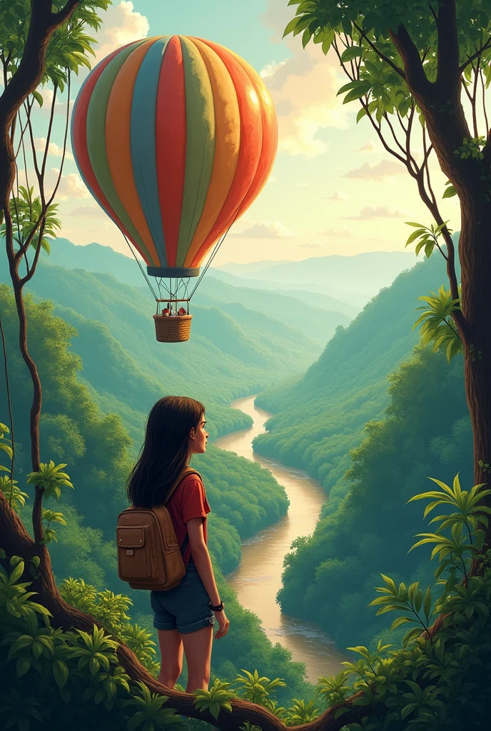 cover for a book with a title called borders with a teenage girl and a hot air balloon in the amazon