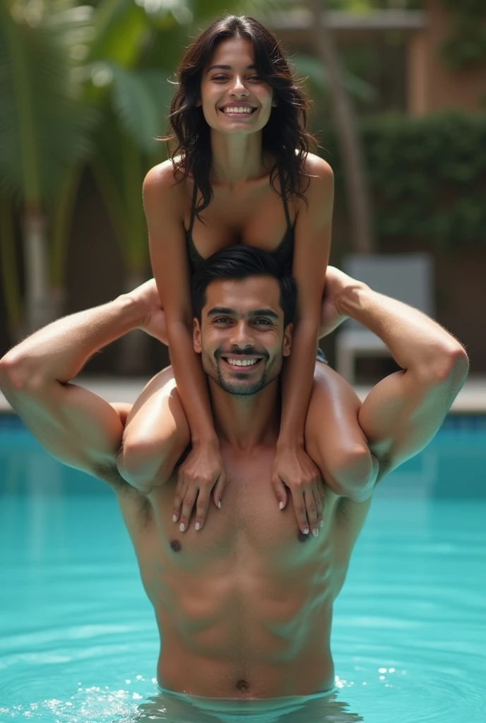 Beautiful and Slim, Sexy Iranian woman in bikini lifting a large chubby fat Indian man above her shoulders, man is sitting on woman's shoulder, in a swimming pool, natural smile, woman is looking into the camera , full image
