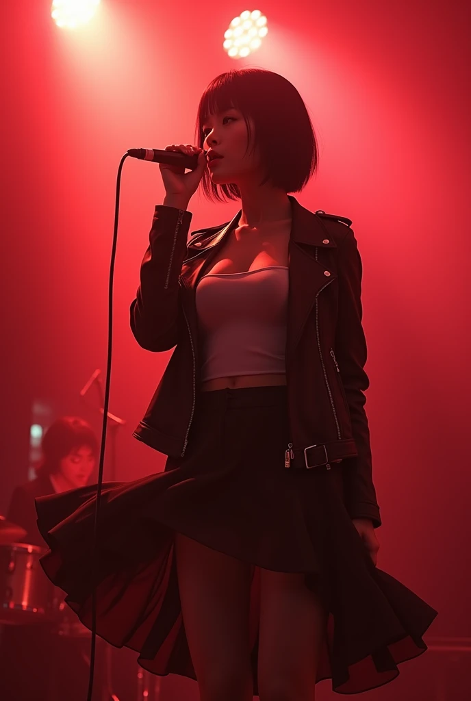 Japanese women、Alice Hirose、Female vocalist with short bob hair、Skirt flip、live house、Lots of stage smoke、Red lighting、Holding a microphone on stage、Riders jacket、Tight long shirt、Large Breasts,