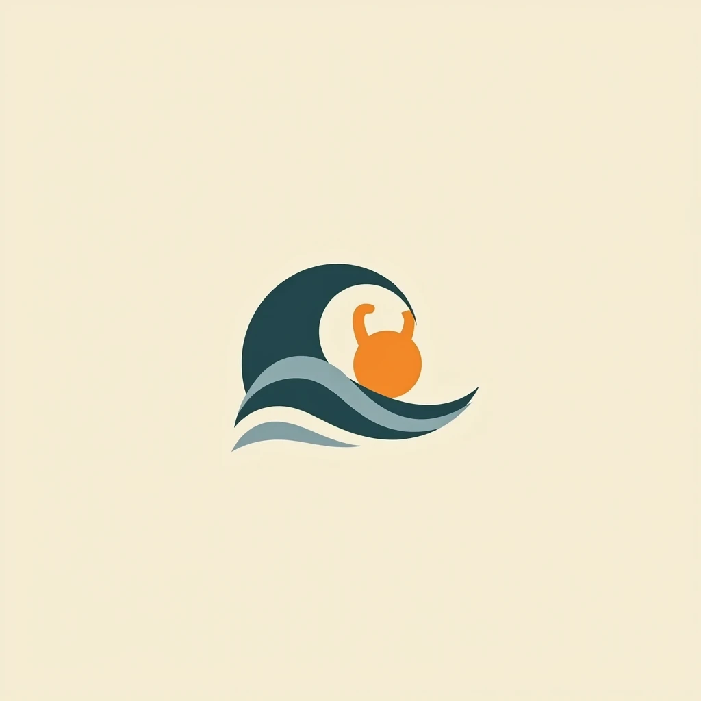 a modern and minimalist logo design for a beach fitness community Sand & Sweat, a sleek and stylish logo with shapes like a pipeline wave, the sun that looks like a kettlebell, clean lines, and a sophisticated color palette that looks like beach, a high-quality, conceptual, and visually impactful logo design,