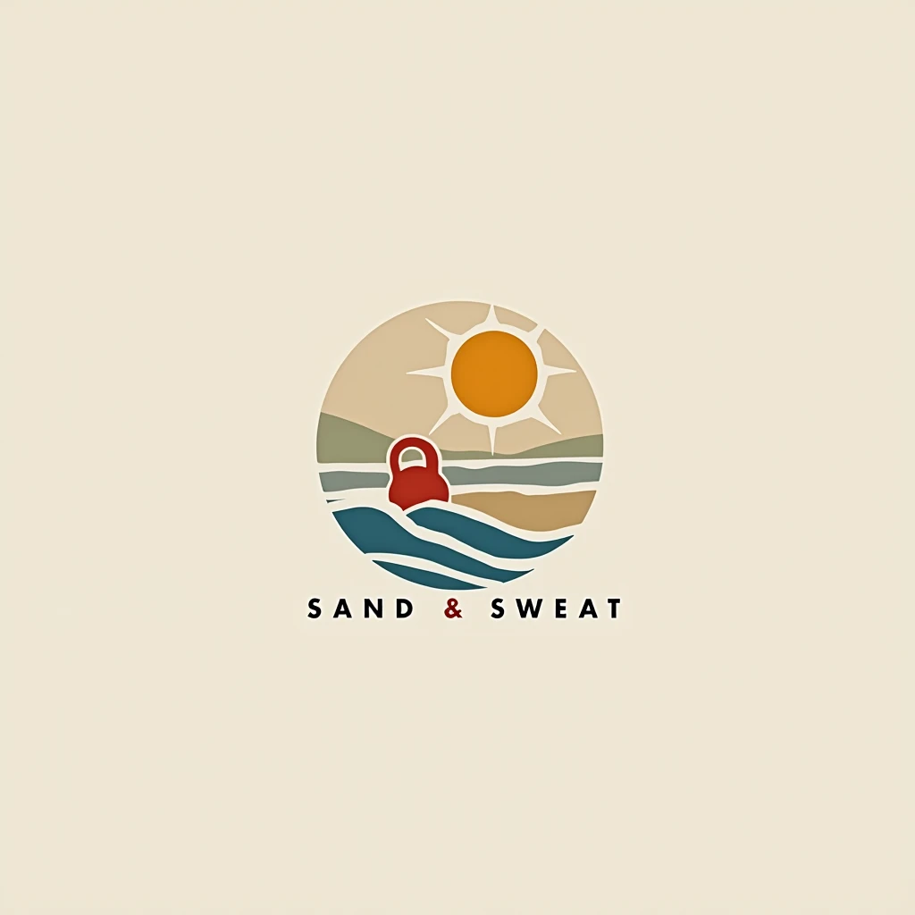 a modern and minimalist logo design for a beach fitness community Sand & Sweat, a sleek and stylish logo with shapes like a pipeline wave, the sun that looks like a kettlebell, clean lines, and a sophisticated color palette that looks like beach, a high-quality, conceptual, and visually impactful logo design,