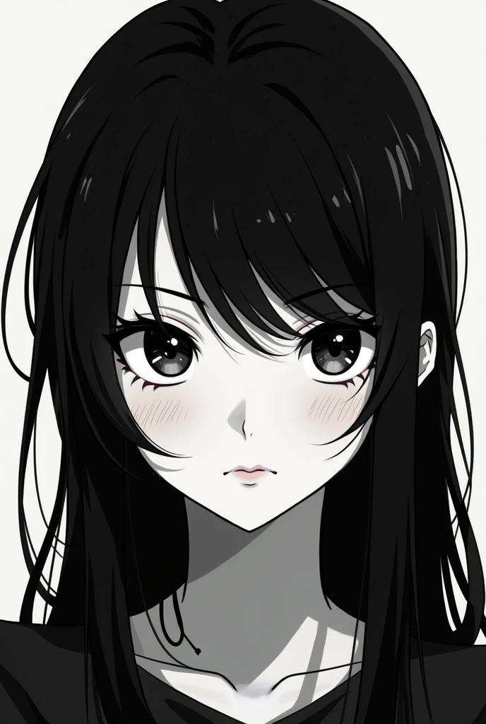 black hair girl, black eyes anime style 2d to black and white