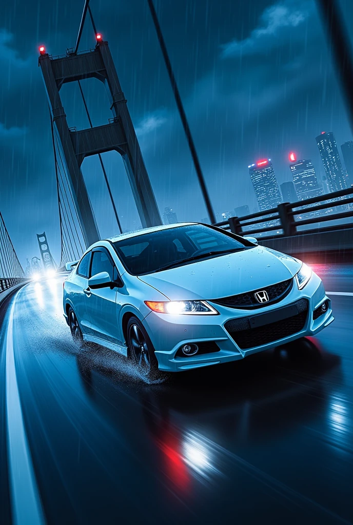 blue side photo in the style of the anime initial D of a white Honda Civic lxr 2014 driving fast on a bridge on a rainy night I want this photo in 1080x600 scale