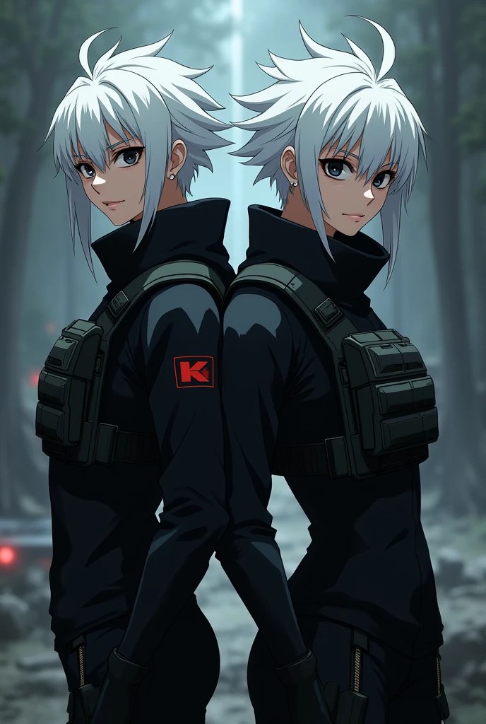 Create an image of a 2 anime mercenary with white hair, black eyes, average build