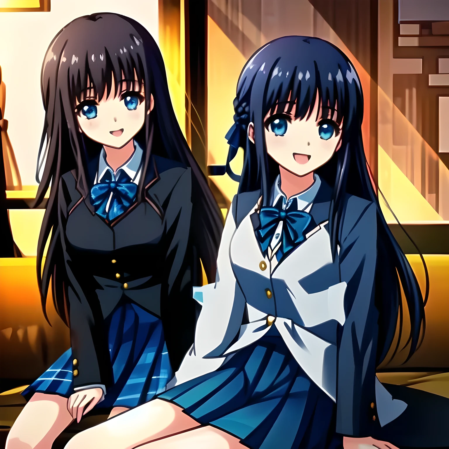 (highest quality, masterpiece, Full HD, High definition: 2.0), (Japanese Game CG art of beautiful giggling seated girl, charming me: 1.3), (Just one very beautiful date-game heroine who is looking and laughing at me, Very detailed cute yo heroine's eyes and face, Beautiful eyes with detailed: 1.0),  (Girl whom everyone loves because of her beauty and lovely fashion and noble manner. : 1.0),  (Very beautiful, wavy, cutely shining super-super-long blue hair, with elegant hair ribbons, spreading on whole the screen: 1.0), (Laughing very beautiful and lovely sapphire-blue intelligent eyes which charms and enslave me inevitably, with clearly detailed: 1.4), (Shining clear eyes are really clearly detailed: 1.2), (very long eyelashes: 1.0), (Noble black neat sailor-styled formal school uniform with a noble expensive ribbon on the chest: 1.0), (Charming neat blue & navy tartan-checkered pleated long school skirt is charming me!: 1.6),  (Soprano singer of classic music: 1.0), (Can't stop giggling: 1.6), Clear skin and eyes