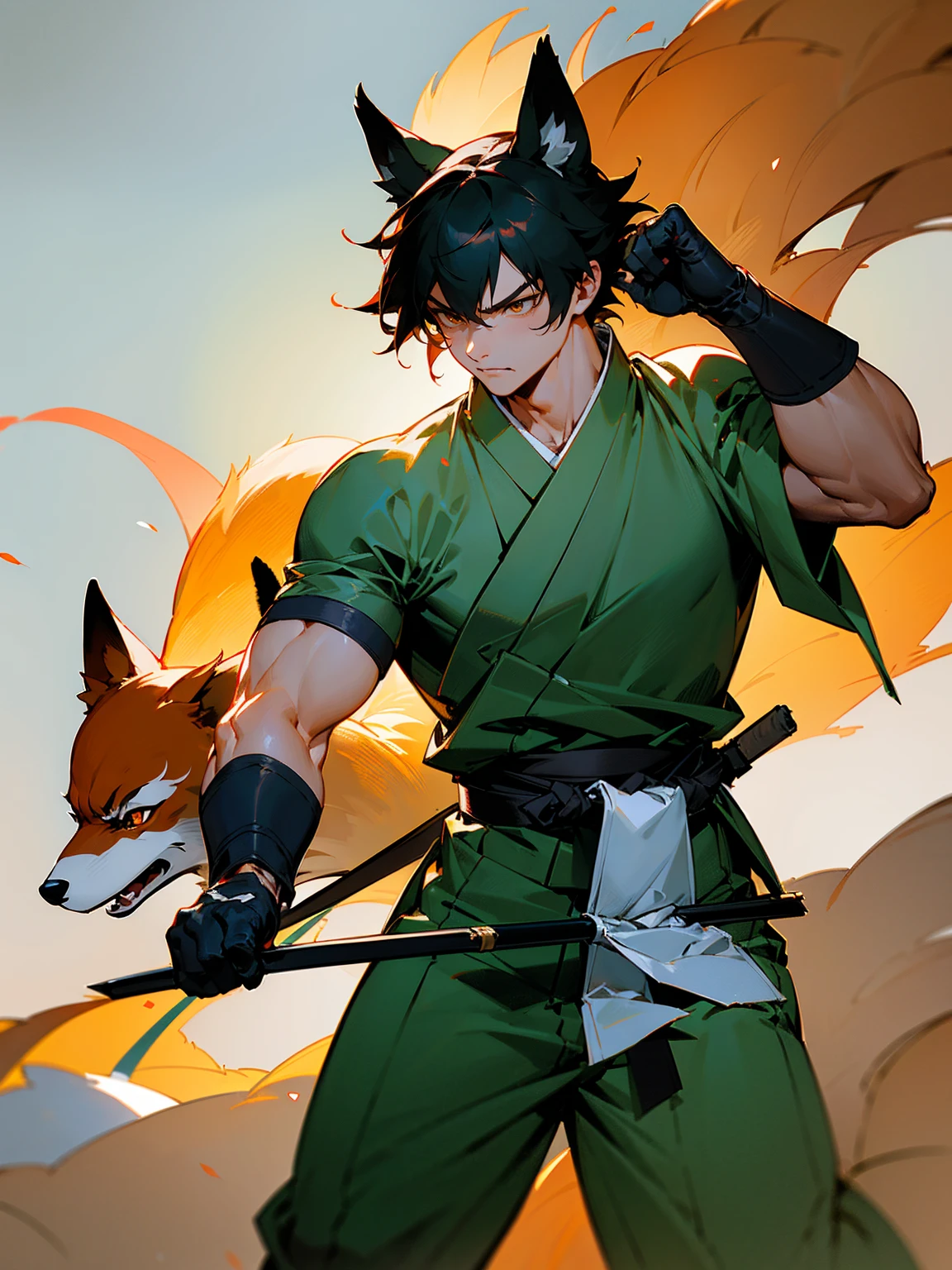 masterpiece, best quality,muscular male fox anthro,kemono,martial, martial gi, hand strap ,solo, Ruan Jia, Pino Daeni, detailed background, detailed face, tied to waist, angry, black gloves
