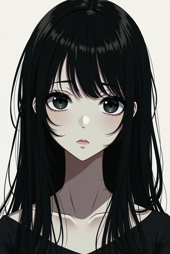 black hair girl, black eyes anime style 2d to black and white