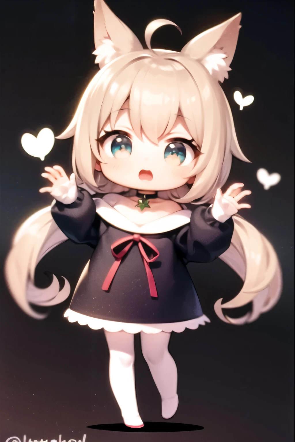 (((Chibi Anime)))、Mini character、３Head to Body、Front view, Looking at the audience,[upright]、[One person in the middle]、Cowboy Shot、ID photo、Full Body Shot、Are standing、No pause、Blonde cat ears、Very long hair、Under twin tail、Green Eyes、Glowing Eyes、White choker、Pink off-the-shoulder blouse with ribbon、White hoodie with front opening、white bustle skirt、White Knee High Boots、[Absolute area]、decoration、Ahoge、Complex fabric、[[Princess]]、Masterpiece、High quality、smile、Virtual YouTuber、[[blush]]、Concept Art、White background、Simple Background、No background、Official Art、{{Highest quality}}、{{Super detailed}}、{{masterpiece}}、{{High resolution}}、Beautiful detailed hair、Beautiful attention to detail、standing and facing forward、