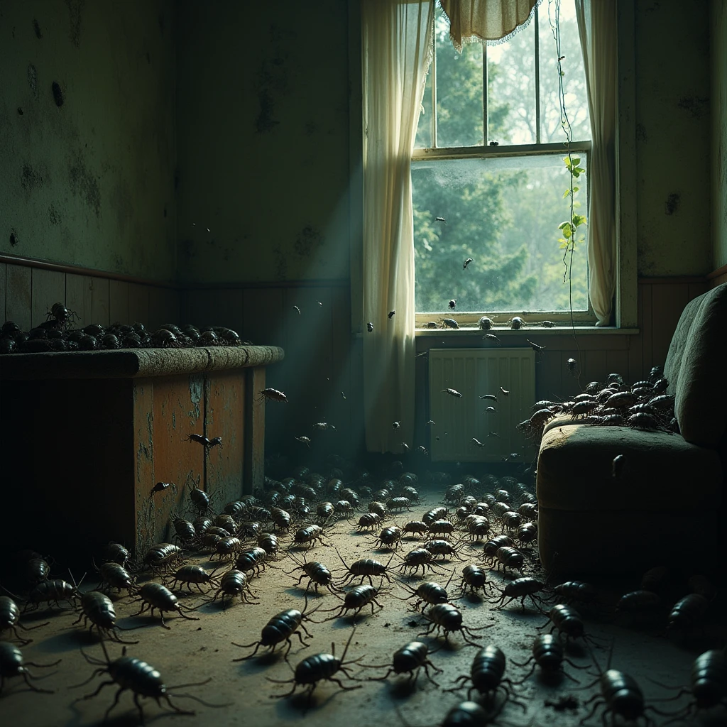 cockroaches crawled into the old room full of cobwebs, the room looked scary and eerie, the cockroaches filled the corners of the room, on the walls, sofa and floor
