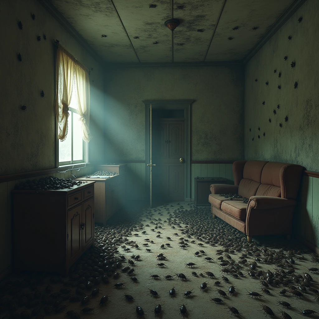cockroaches crawled into the old room full of cobwebs, the room looked scary and eerie, the cockroaches filled the corners of the room, on the walls, sofa and floor