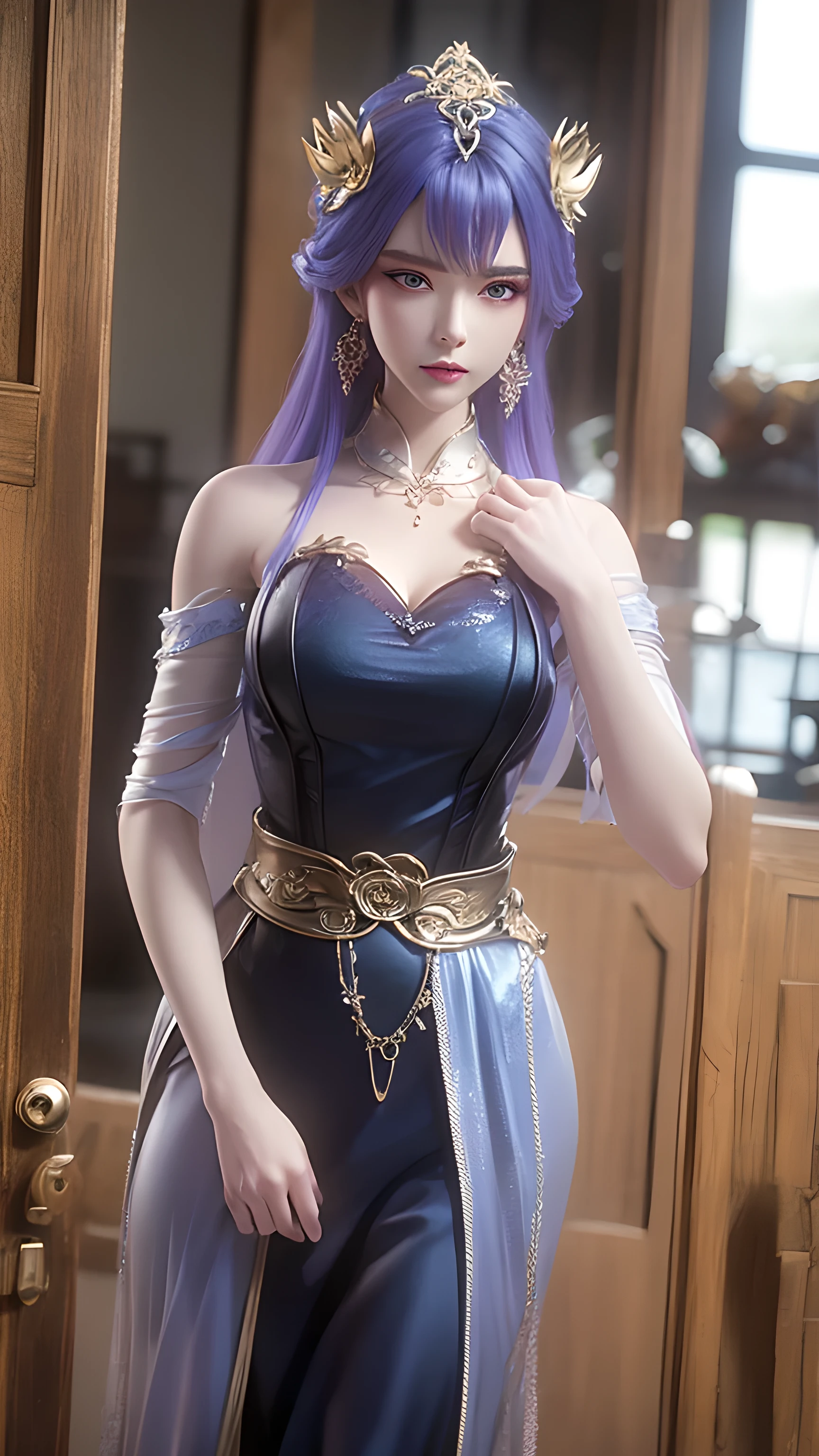 Tianqiong, Door Art, 1 girl, Jewelry, Hair accessories, solitary, earrings, Long hair, blue eyes, Blue Hair, Looking at the audience, necklace, Purple Hair,masterpiece,HDR,Ultra HD,8K,best quality,photography,