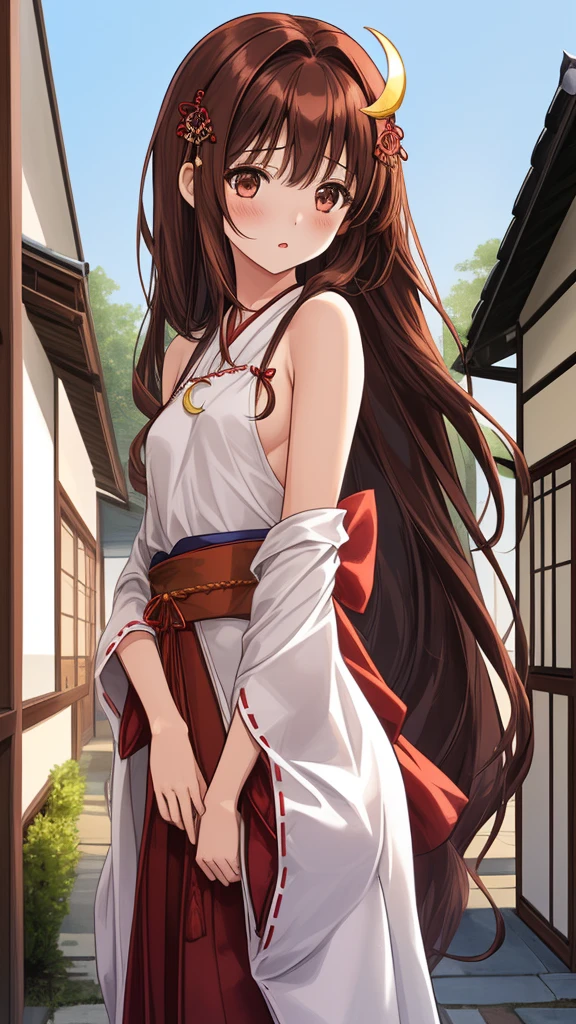 1girl, long brown hair, brown eyes, crescent hair ornament, skinny body, small , blue-red Japanese clothing, neckline, bare shoulders, between inside and outside the house