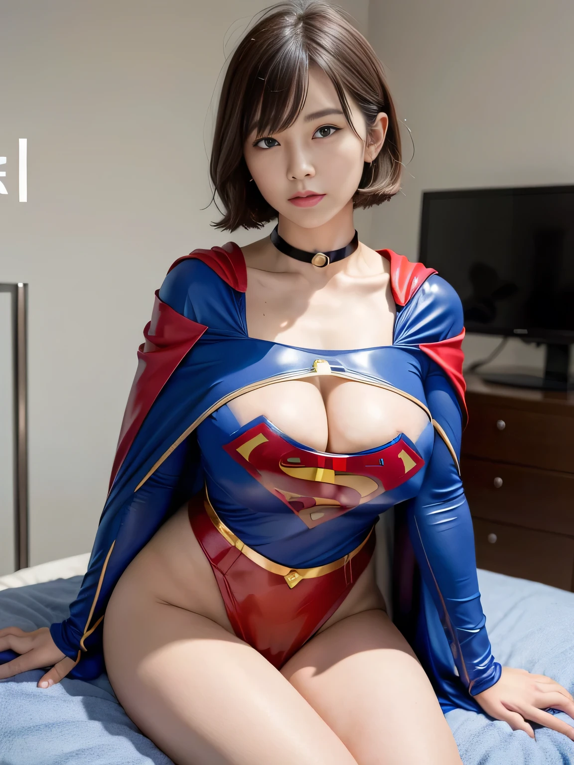masterpiece、Rubber Supergirl Costume、short hair、barefoot、Big and ample 、looking at the camera、choker、Long sleeve、Cape、mini skirt、Off the shoulder、Sweaty skin、In front of medical equipment at the hospital、Photo magazine cover、Glamorous cleavagng beautiful legs、High leg leotard、Glamorous bare legs、Nymphomaniac yo her 30s、Close-up shot from the front、