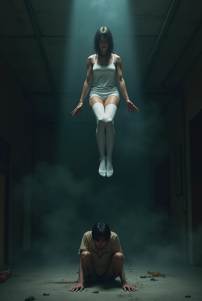 Scene of female student wearing white thigh high socks hanging herself to death ,hovering in the air , a man sitting on the ground in panic