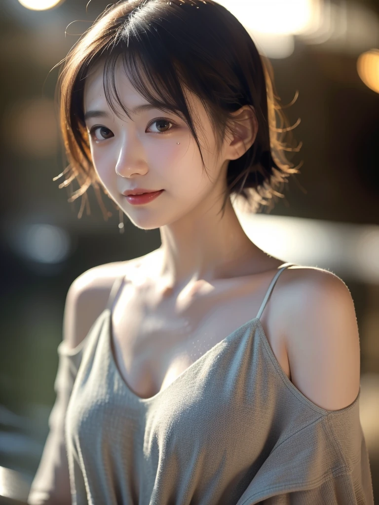 masutepiece, (Best Quality:1.4), Realistic, Dramatic lighting,Professional Writing,strong shadows,Highly detailed unified 16k wallpapers, Photorealistic ray-traced depth of field,Wet roads ,Orange filter、drenched, Dripping, Wet Face,Wet clothes, Wet Skin, Wet Hair,A young woman with a cute face like a Japanese idol,(Cleavage),((Cinema Lighting),(Natural light),(High level of artistry),(artistic),(Indistinguishable quality from the real thing),RAW Photos,Genuine,Genuine,High resolution,RAW Photos,masterpiece, beautiful
