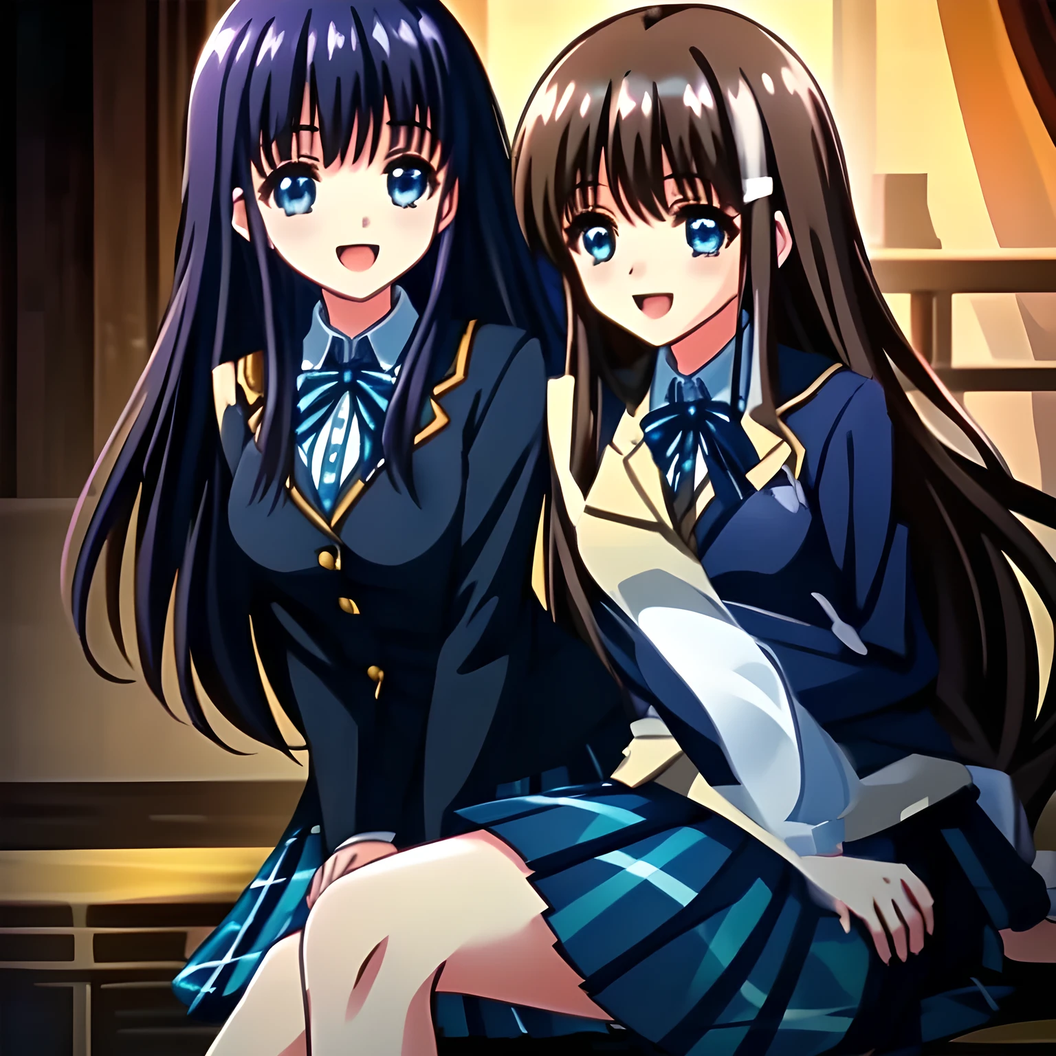 (highest quality, masterpiece, Full HD, High definition: 2.0), (Japanese Game CG art of beautiful giggling seated girl, charming me: 1.3), (Just one very beautiful date-game heroine who is looking and laughing at me, Very detailed cute **** heroine's eyes and face, Beautiful eyes with detailed: 1.0),  (Girl whom everyone loves because of her beauty and lovely fashion and noble manner. : 1.0),  (Very beautiful, wavy, cutely shining super-super-long blue hair, with elegant hair ribbons, spreading on whole the screen: 1.0), (Laughing very beautiful and lovely sapphire-blue intelligent eyes which charms and enslave me inevitably, with clearly detailed: 1.4), (Shining clear eyes are really clearly detailed: 1.2), (very long eyelashes: 1.0), (Noble black neat sailor-styled formal school uniform with a noble expensive ribbon on the chest: 1.0), (Charming neat blue & navy tartan-checkered pleated long school skirt is charming me!: 1.6),  (Soprano singer of classic music: 1.0), (Can't stop giggling: 1.6), Clear skin and eyes