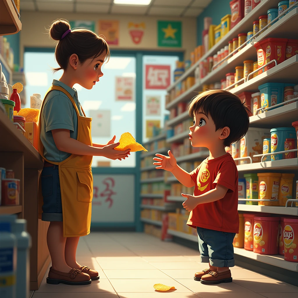 Draw a asking the seller to fix a Lays potato chip in a store, realistic art