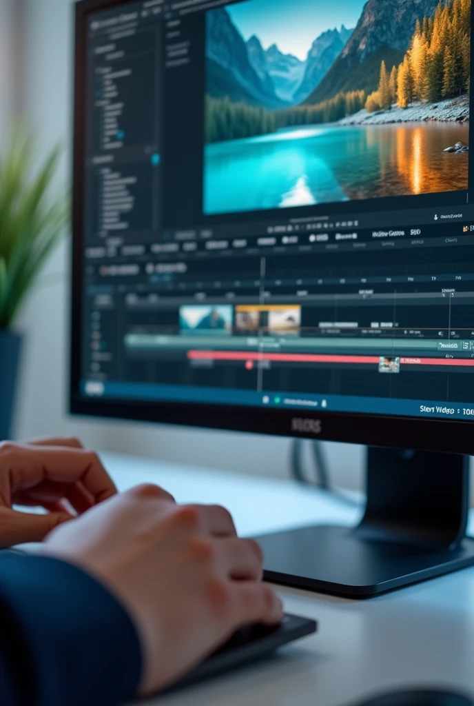 A good PC! that on the monitor there is a video editing program and written at the bottom of the screen link in the bio without looking like an AI try as much as possible to be a humanized photo put the arms of a human moving in it take that photo of the older girl and put a pretty girl do not show who is editing on the computer