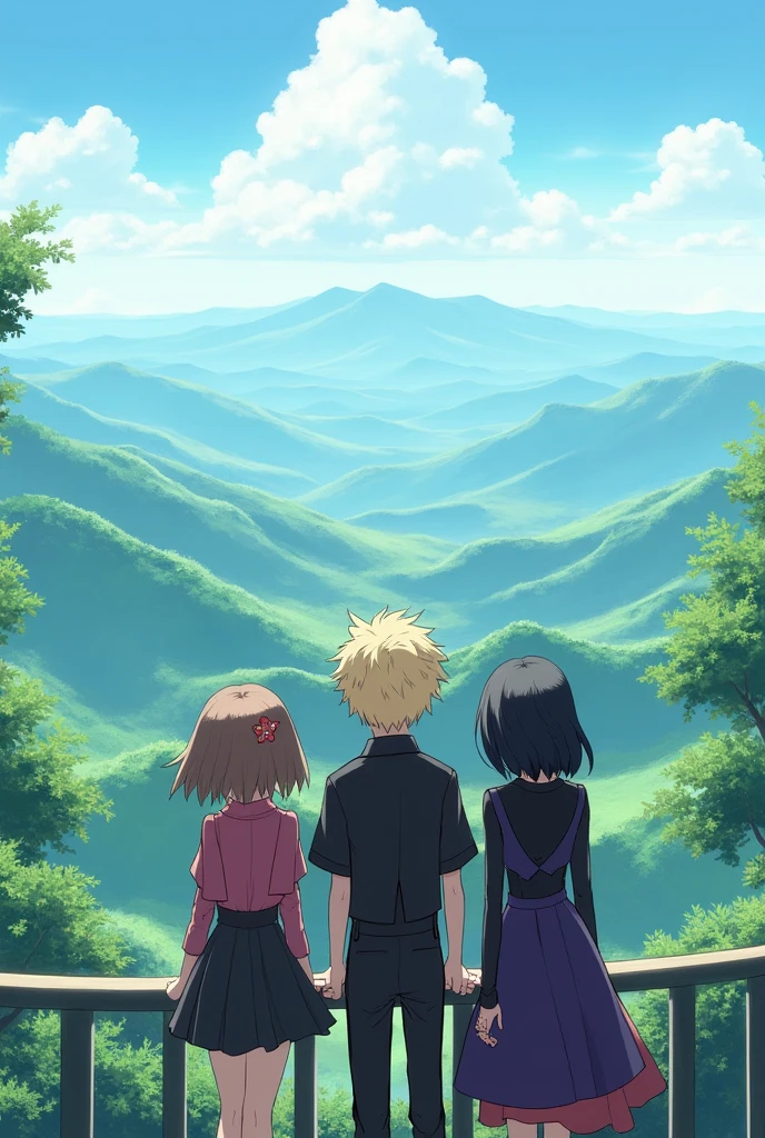 Two girls and a boy looking at a landscape, the first girl has short, shoulder-length brown hair with black and pink clothing, the second has long, waist-length black hair dressed in black and purple clothing, and the boy has tall, blond hair wearing black and red clothing.
