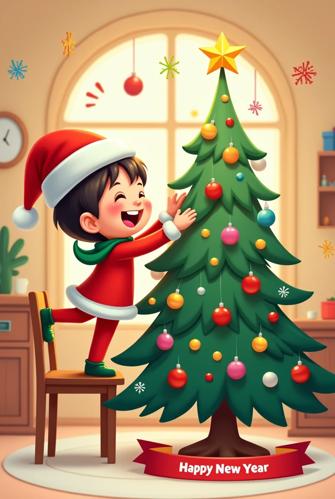 in Christmas costume standing on a chair with one foot to put the star holding it in his hand to put it on the Christmas tree Joy, stickers, vector cartoon and a banner with the words happy new year