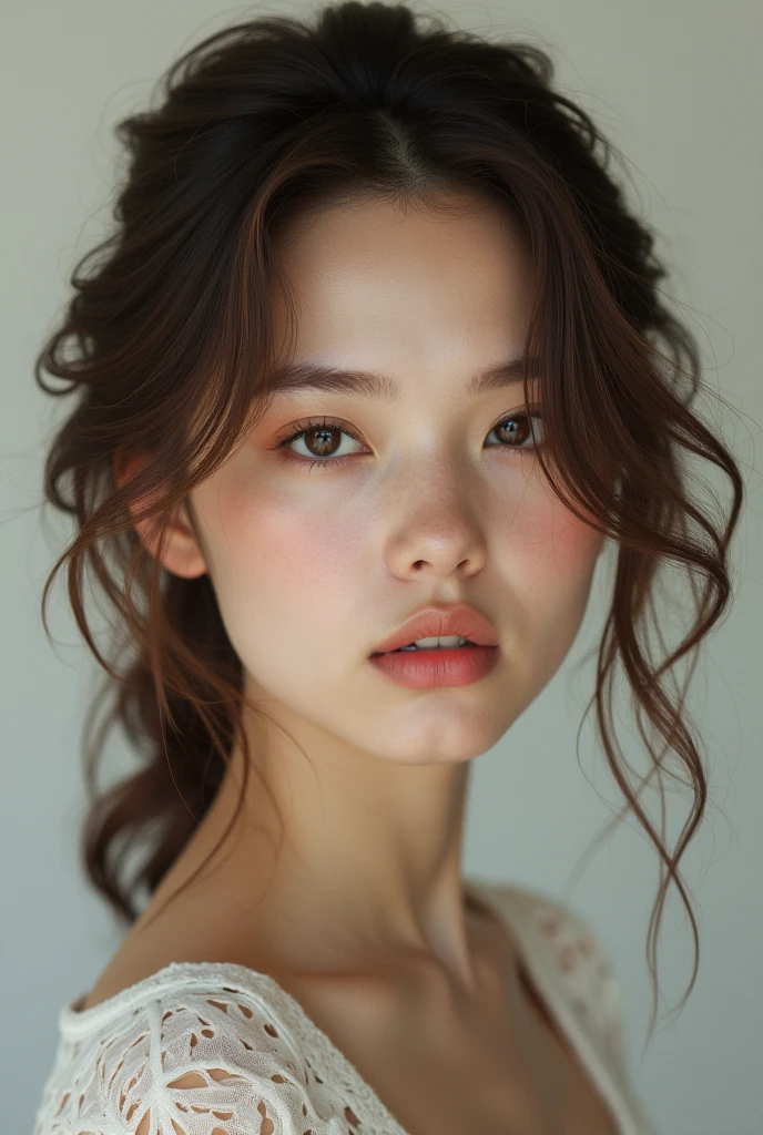 Woman with brown hair and a short forehead