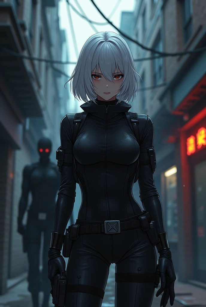 Create an image of a mercenary with white hair, black eyes, average physique, anime, 2 MAN 