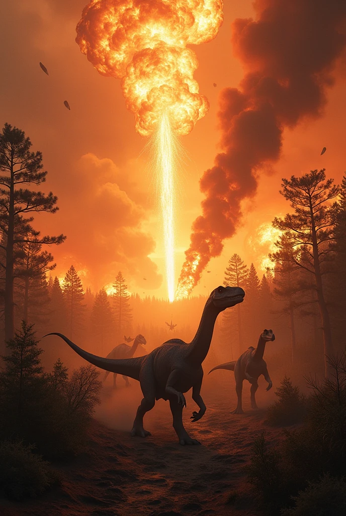 Many meteorites fell from the sky，Reconstructing the scene of dinosaur extinction，A large number of dinosaurs fled in panic，big Bang，Forest fires，Tragic