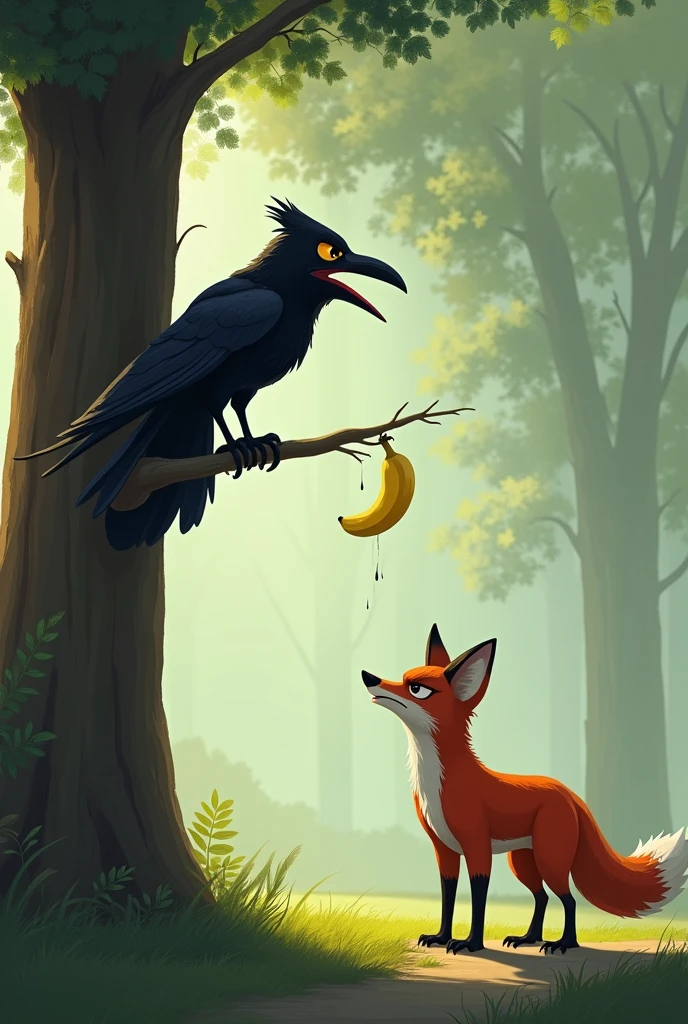A crow sitting on a tree branch looking down on a fox, there is only one banana, there are no multiple banana and only one banana, there is a fox under the tree crow is sitting on, the fox is looking towards the crow with a smug expression, the fox does not has a banana, the fox is not on a tree, the fox is on the ground, there is only 1 fox, there is only 1 crow, the crow face is looking towards the fox, the tree the crow is sitting is tall, the fox is a bit far away from the crow since the crow is sitting on a tall tree. (the crow expression looking angry towards the fox), (the crow is facing right and the fox is facing left), (the crow's mouth is open wide as it is talking talking to the fox), (the banana used to be on the crow's beak, but because the crow is opening its mouth, the banana drop from the beak the the ground), (the banana is falling the ground),((the banana is falling from the crow's beak)), (the banana is no longer on the crow's beak), (the crow's mouth/beak is opening wide)