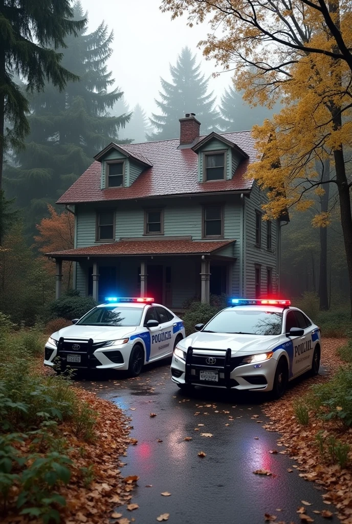 Police cars arriving outside an abandoned house