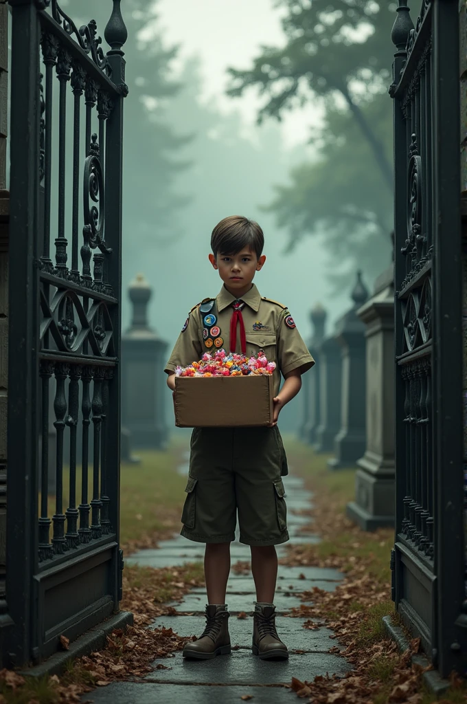 scout selling candy in a shoebox at the door of a cemetery wearing scout costume