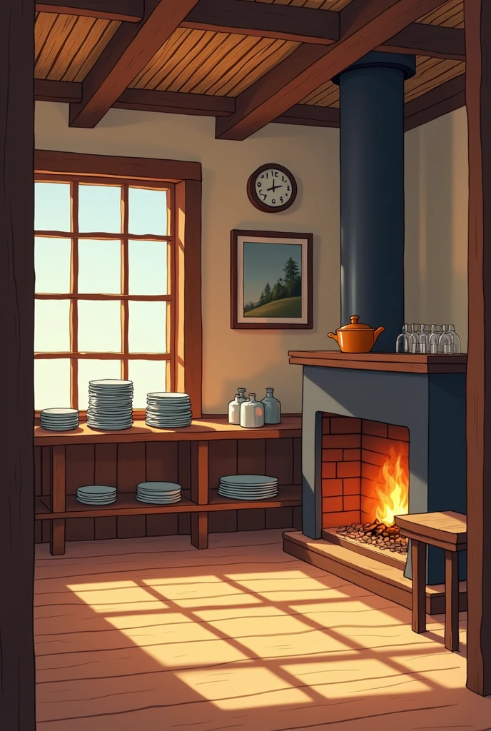 Background picture, A room with a fireplace and a pot on top, a village atmosphere, wooden room walls, a wooden and straw roof, plates and glasses arranged on a plate rack, simple colors, with bold lines,Bold outline, thick outline, simple and minimalist color, 2d animation background 