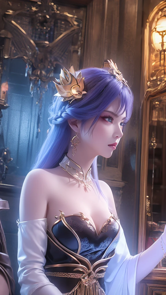Tianqiong, Door Art, 1 girl, Jewelry, Hair accessories, solitary, earrings, Long hair, blue eyes, Blue Hair, Looking at the audience, necklace, Purple Hair,masterpiece,HDR,Ultra HD,8K,best quality,photography,