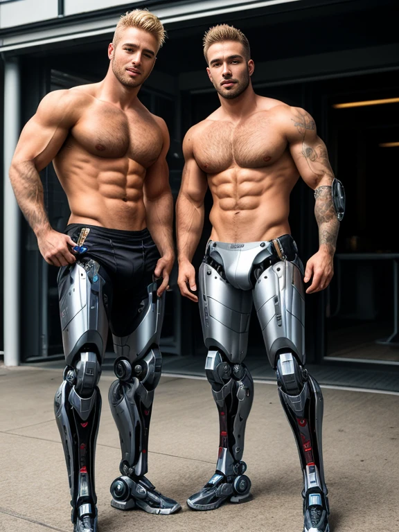Handsome blond man, He has robotic legs (his legs were amputated years ago), athletic body, he has a handsome boyfriend by his side