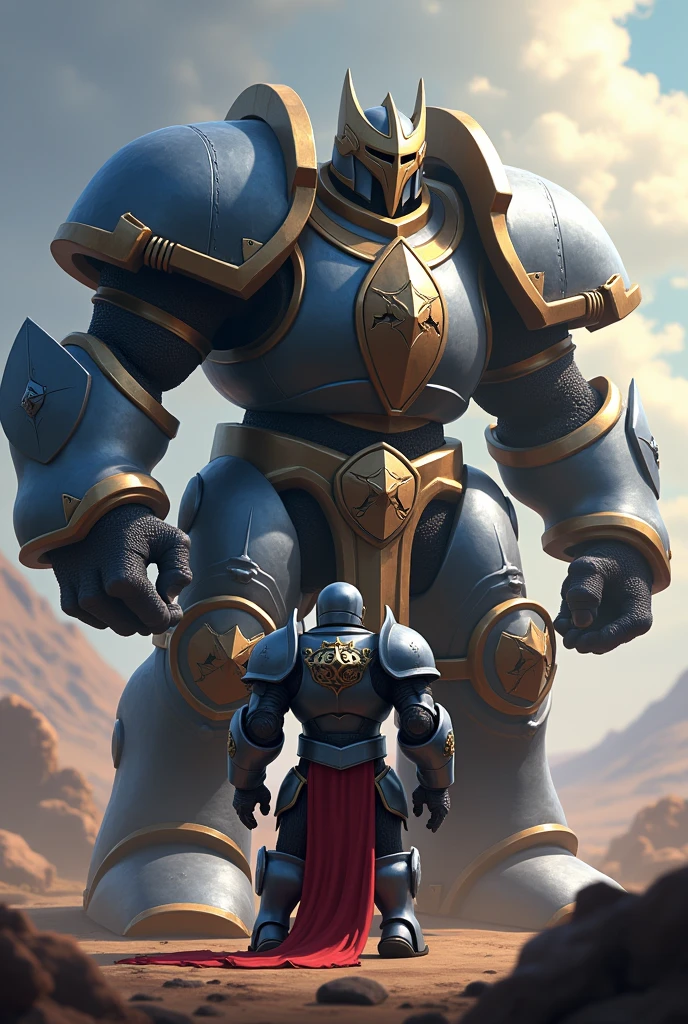 Create the mega knight of Clash Royale on his knees before the pekka of Clash Royale