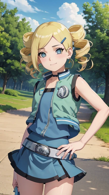 (1girl, solo, highly insanely detailed, masterpiece, top quality, best quality, highres, 4k, 8k, RAW photo),((innocent look)),((Childish)),From the front, symmetrical composition,smile,cute,Innocent,Kind eyes,Flat chest, Naruto style,forest, ppgzbb
blue eyes, blonde hair, twin drills, hairclip, earrings, vest, blue skirt, short skirt, konohavillage