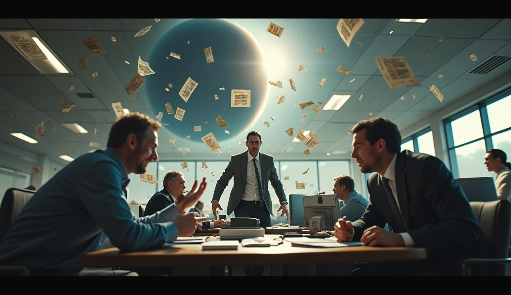 An office environment with chaotic scenes of financial papers flying and people reacting with shock, as a dark, ominous Pluto looms in the sky. The mood should convey disruption and urgency. --ar 16:9