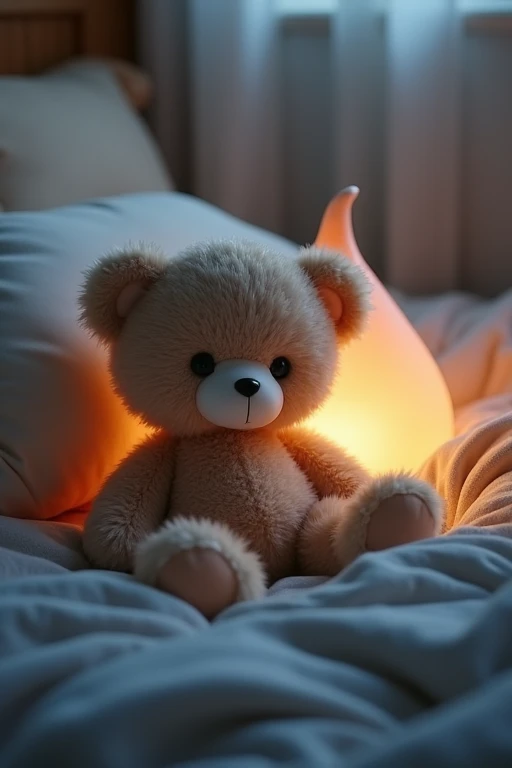 ((best quality)), ((masterpiece)), (detailed), bear toy,fluffy,on the bed,lying ,night light left to right