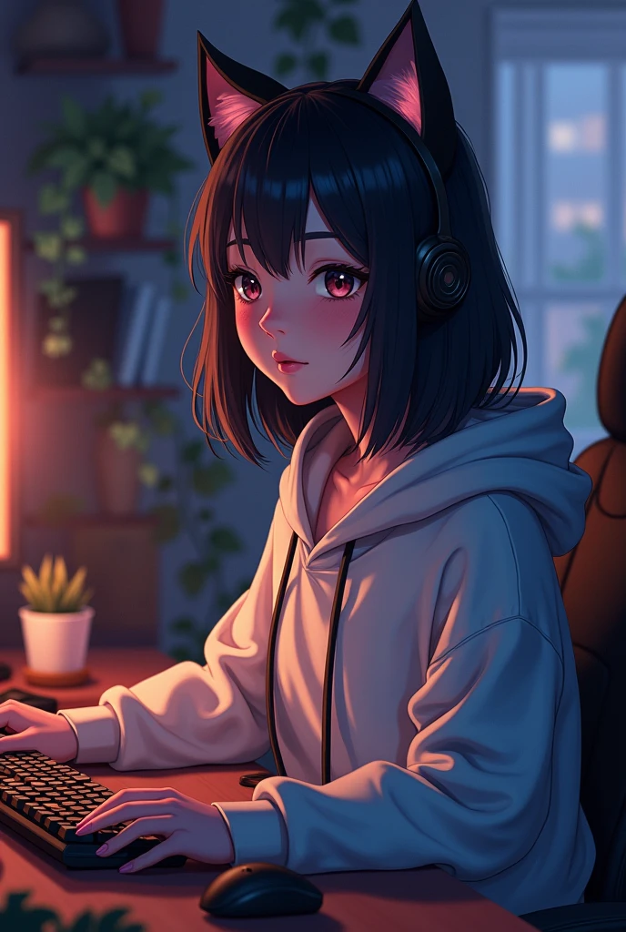 Gamer girl in a hood with cat ears ,with dark hair just below the shoulders, at the computer , in a slice