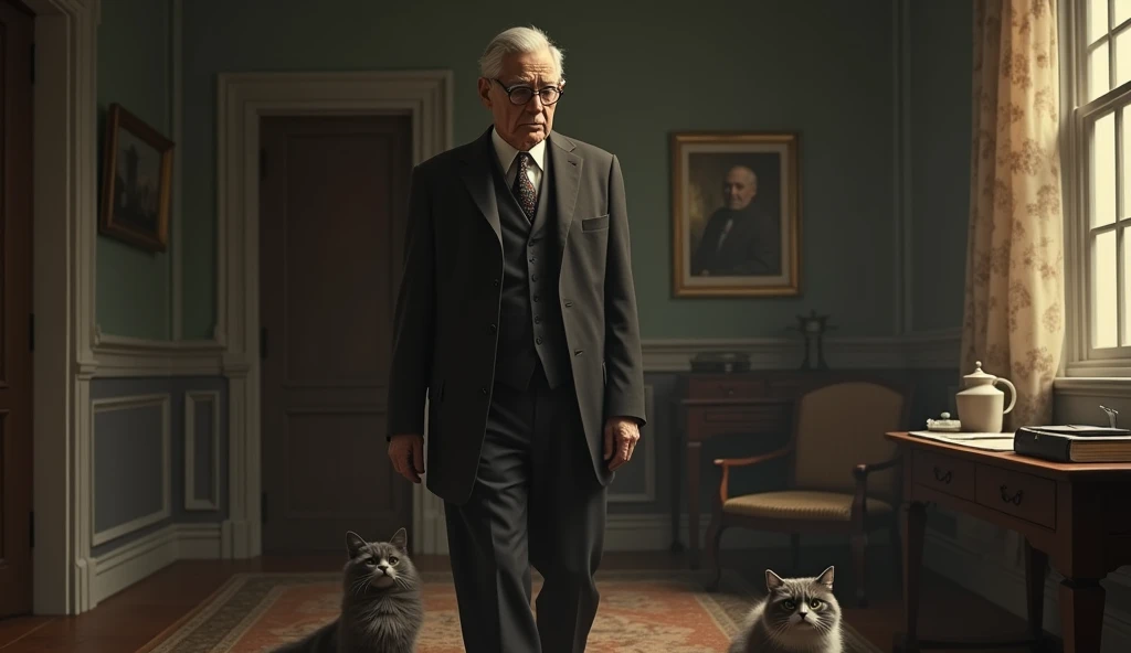An elderly man named Edgar Cayce, with a serene and contemplative expression, is thin. He has short, dark hair, a little gray, no beard, and wears a classic 1930s suit, with small, square prescription glasses and a discreet tie. Cayce is standing and walking a cat in a large house with 2 cats. The soft, diffuse lighting highlights his face, conveying an aura of wisdom and introspection. The scene has a nostalgic and mysterious tone, reflecting the enigmatic character
