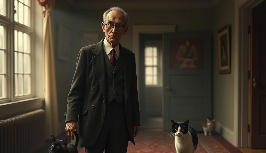 An elderly man named Edgar Cayce, with a serene and contemplative expression, is thin. He has short, dark hair, a little gray, no beard, and wears a classic 1930s suit, with small, square prescription glasses and a discreet tie. Cayce is standing and walking a cat in a large house with 2 cats. The soft, diffuse lighting highlights his face, conveying an aura of wisdom and introspection. The scene has a nostalgic and mysterious tone, reflecting the enigmatic character
